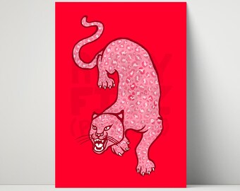Lámina artística A4 de leopardo rosa y rojo
