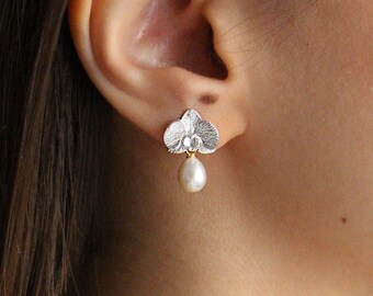 Orchid Flower Pearl Earrings: 925 Sterling Silver Drop Earrings
