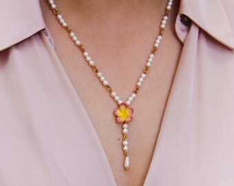 Jasmine Necklace, Pearl Necklace, Bridal Necklace, Bridemaids Necklace, Wedding Necklace, Pink Yellow Jasmine Handmade Bead Necklace