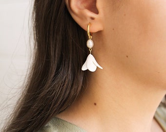 Lily Earrings, White Flower Earrings, Real Genuine Pearl Gold Plated Silver Wedding Bridal Hoop Earrings, Polymer Clay Handmade