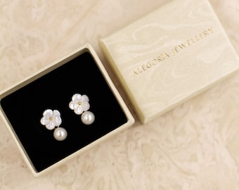 24K Gold Plated Sterling Silver Pearl Earrings: Mother of Pearl Flower Bridal Jewelry