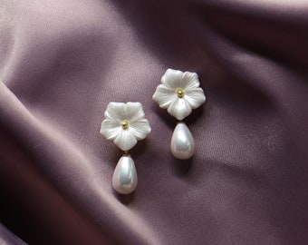 White Floral Pearl Earrings, Bridal Earrings, Handmade Earrings, Bride Earrings, s Gold Plated Sterling Silver