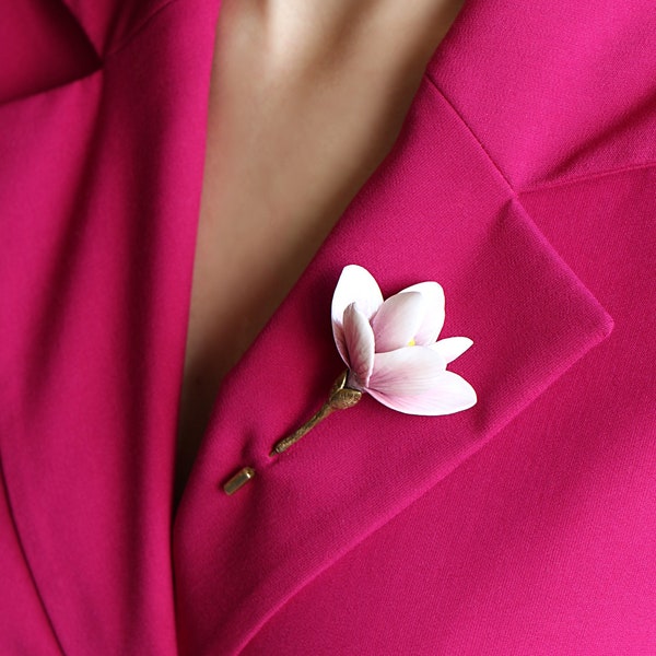 Magnolia Polymer Clay Brooch, Handmade Pink Flower Pin for Mothers Day Gift, Spring Floral  Brooches,