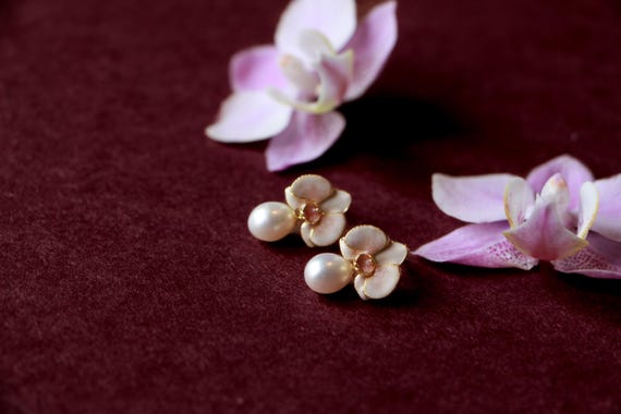 24K Gold Plated White Enamel Orchid Pearl Earrings: Sterling Silver Bridal Jewelry