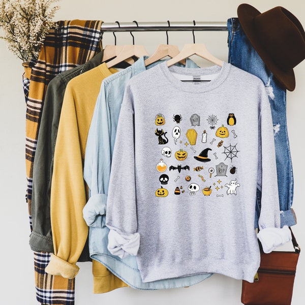 Halloween Doodles Sweatshirt, Halloween Icons Pullover, Hexe Kürbis Geist Langarm, Boho Herbst Pullover, Spooky Shirt, Skelett Rundhalsausschnitt