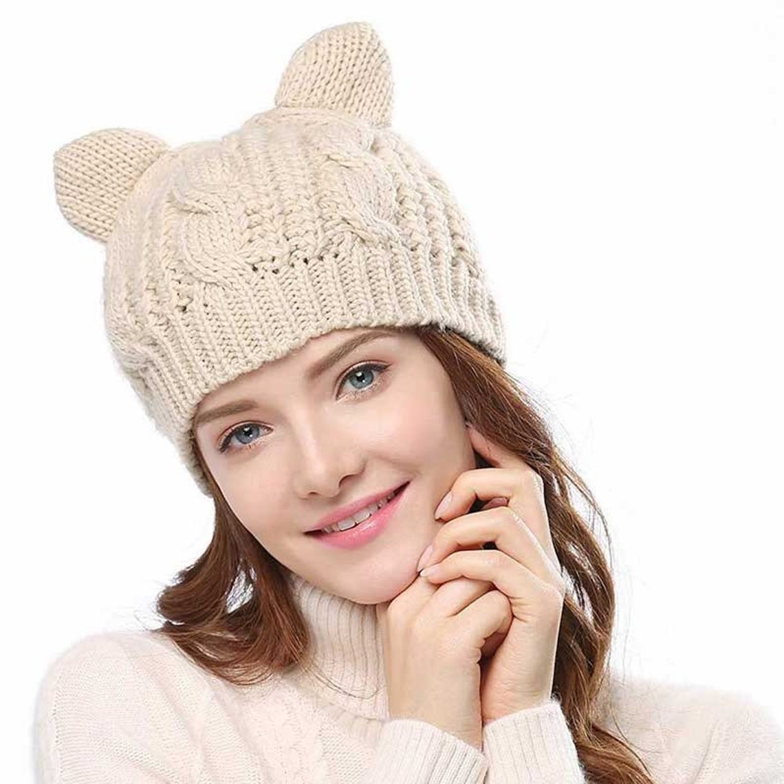 Knitted Cat Ear Berets Ladies Japanese Style Sweet Pure Color Etsy