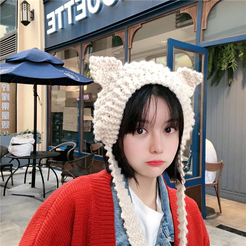 Knitted Hats Women Fashion Knitting Beanie Black Cat Ear Hats for Girls Hip Hop Knitted Hats Women Fashion Knitting Beanie Black Cat Ear Hats for Girls Hip Hop