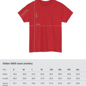 May include: A solid red Gildan 5000 t-shirt, with measurements indicated. The shirt's width ranges from 18.0 to 32.0 inches, length from 28.0 to 35.0 inches, and sleeve length from 15.1 to 25.0 inches, depending on the size.