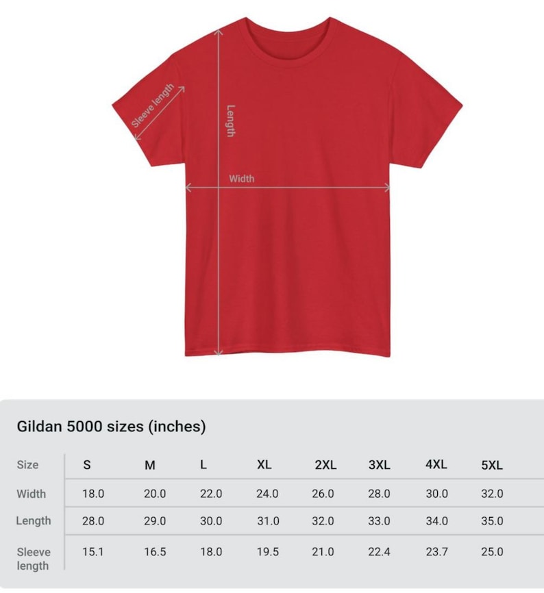 May include: A solid red Gildan 5000 t-shirt, with measurements indicated. The shirt's width ranges from 18.0 to 32.0 inches, length from 28.0 to 35.0 inches, and sleeve length from 15.1 to 25.0 inches, depending on the size.