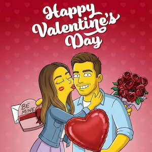 Op de afbeelding: Een cartoon-achtige illustratie voor Valentijnsdag. Een stel omhelst elkaar, waarbij de vrouw de man kust. De man houdt een rode hartvormige ballon vast. Een boeket rode rozen en een hartvormige doos met de tekst "Be Mine" zijn ook aanwezig. De achtergrond is rood met kleine hartjes en de tekst "Happy Valentine's Day" staat bovenaan.