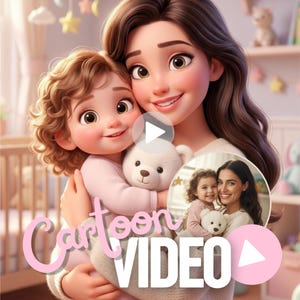 Può includere: Illustrazione di un cartone animato di una madre e un bambino che si abbracciano, entrambi sorridenti. Il bambino tiene in mano un orsacchiotto bianco. L'immagine ha una palette di colori pastello con il testo "Cartoon VIDEO" in rosa.