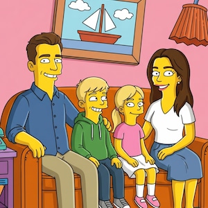 May include: A family portrait in the style of a cartoon. The family of four is seated on an orange couch. The background is pink, and a framed picture of a sailboat hangs on the wall. The family members are depicted with yellow skin and exaggerated features.