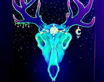 Glow in the Dark Deer Skull Painting, blacklight reactive