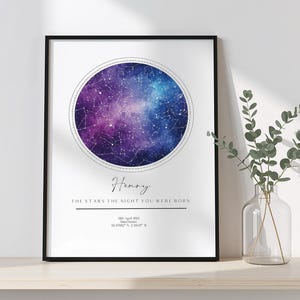 Peut inclure: Impression encadrée avec un motif céleste. L'illustration présente une galaxie violette et bleue, le nom "Henry" et le texte "THE STARS THE NIGHT YOU WERE BORN". Le cadre est noir.
