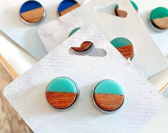 Round Wood & Acrylic Round Stud Earrings with Hypoallergenic Stainless Steel Backs Minimalist Geometric    Gift Jewelry Resin Spring 2024