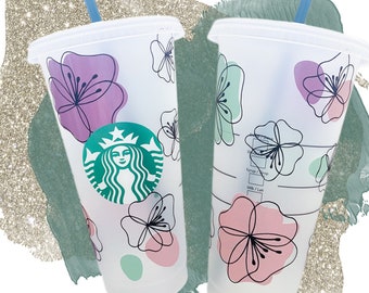 Starbucks Leaf Cold Cup with Straw or Hot Cup  with Pastel Flowers and Name Option    Holiday Cup Spring 2024