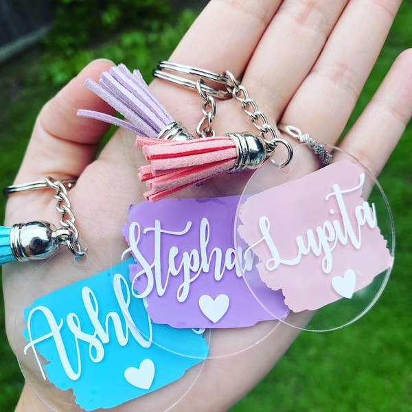 Personalised Keyring Keychain with Name & tassel Acrylic Custom Keyring name and Painted name keychain in calligraphy font with option key