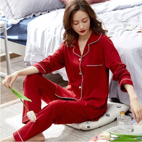 Cotton Pajamas Women Soild Red Pijamas 