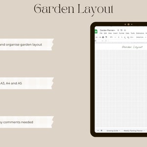 May include: A digital screen displaying a gridded garden planner template. The template is labeled "Garden Layout" and includes a notes section for comments. The template is printable on A3, A4, and A5 paper sizes.