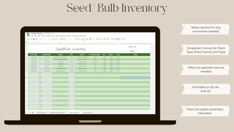 May include: A screenshot of a spreadsheet program with a green and white color scheme. The spreadsheet is titled "Seed/Bulb Inventory" and has columns for plant type, plant family, variety, type, source, amount/weight, year, expiry, price, and notes. The spreadsheet is on a laptop computer.
