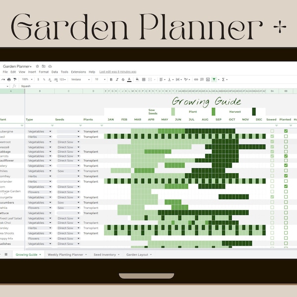 Garden Planner + Green Spreadsheet, Google Sheets Garden Planner Template, Garden Layout, Garden Design