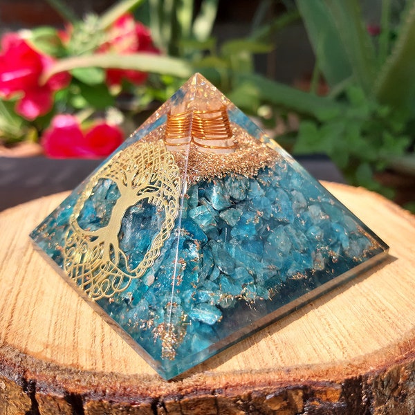 Blue Apatite Stone Chips Large Orgone Pyramid Reiki Healing Orgonite Pyramid With Tree Of Life Symbol EMF Protection Orgone Pyramid, Gifts