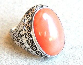 Vintage Handmade 5.35 Carat Coral Ladies Ring,925 Sterling Silver,Handmade Christmas Gift