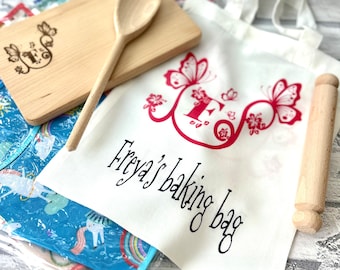 Childs baking set, monogrammed bag, cutting board, rolling pin,  mixing spoon, FREE apron