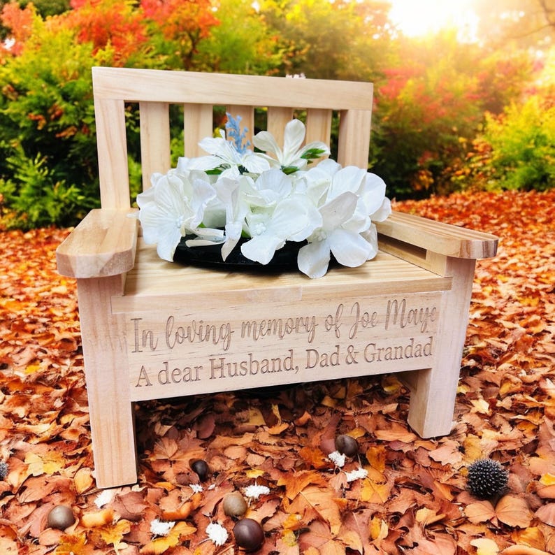 memorial bench, wooden and personalised flower urn, engraved bench image 9