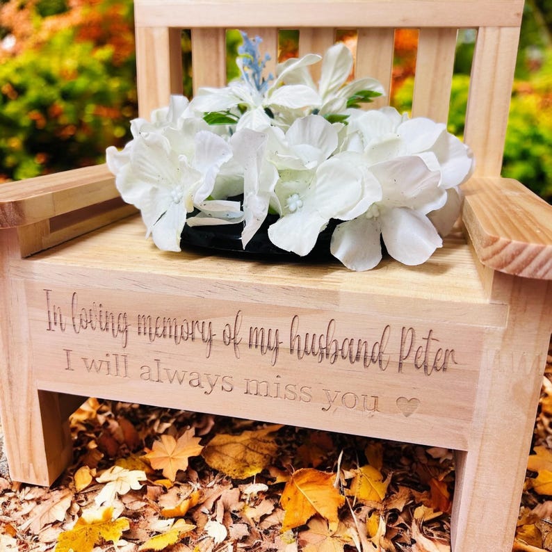 memorial bench, wooden and personalised flower urn, engraved bench image 6