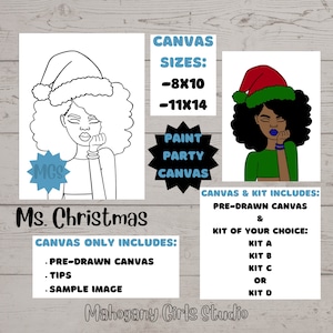 Ms. Christmas / Pre-drawn Canvas / Pre-Sketched Canvas / Party / Sip and Paint / Paint Kit / Canvas Painting / Christmas