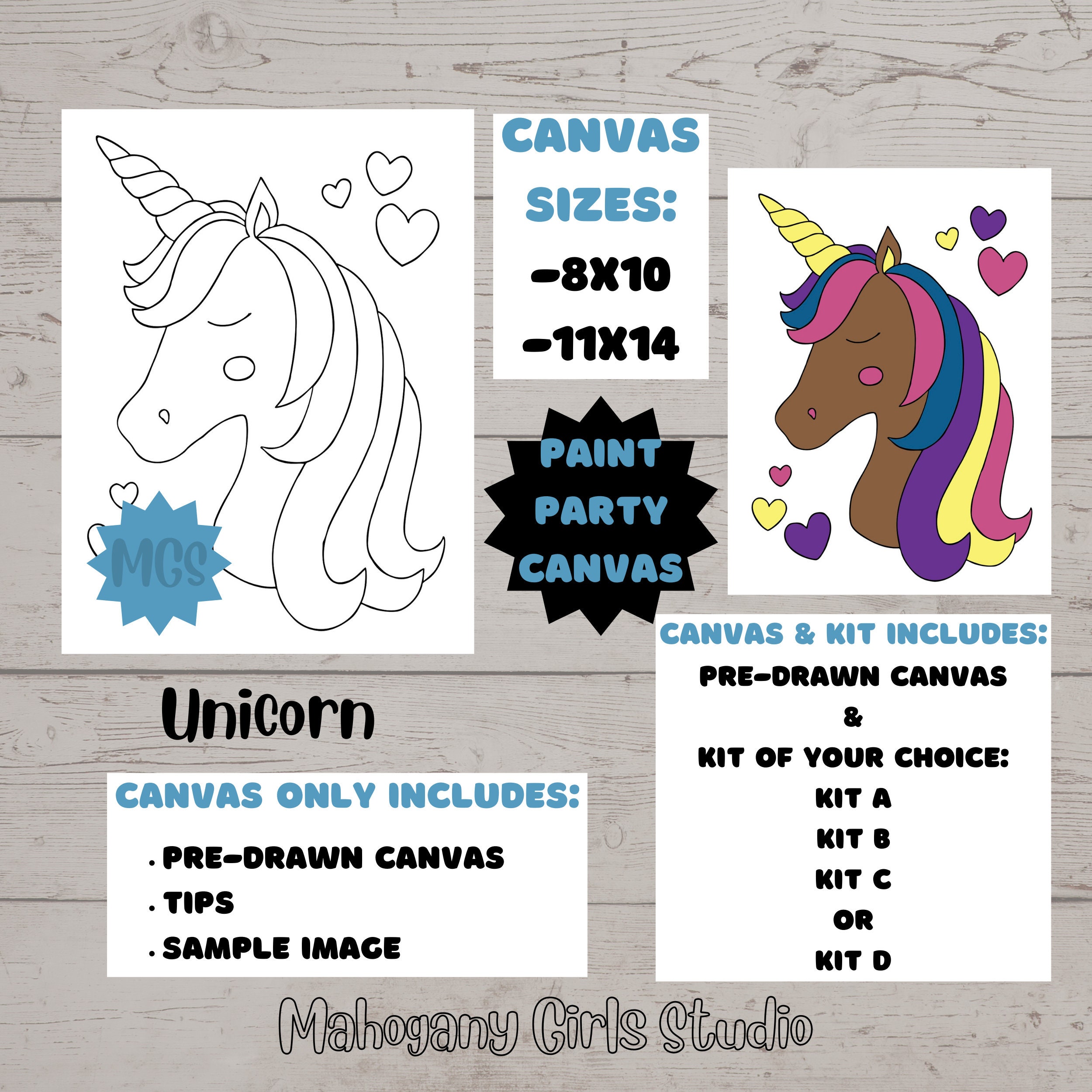 MISCO Toys Canvas Paint Party Kits 11 Piece Art kit Pre-Drawn Outline  Canvas for Paint and Sip 8 Colors and Brush Included Great Gift for Kids 4+  and Adults Too! (Unicorn) Unicorn