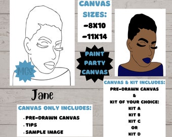 Jane / Hot Deal / Pre-sketched / Pre-drawn Canvas / Paint Parties / Sip and Paint / Paint Kit / Canvas Painting / DIY Paint Party