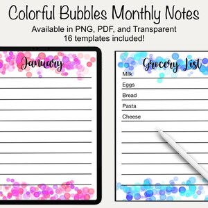 May include: Two printable monthly note templates with colorful bubble designs. The first template is pink and says "January". The second template is blue and says "Grocery List" with a list of items including milk, eggs, bread, pasta, and cheese.