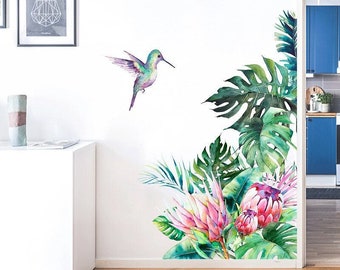 Tropical Leaves Wall Decal, Tropical Birds Wall Stickers, Nursery Wall Arts, Jungle Animal Wall Decals, Kids Bedroom Wall Decals, Home Decor