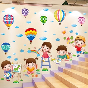 Décalcomanies murales pour enfants, autocollants muraux de dessins animés, autocollants muraux de chambre de bébé en ballons pour enfants, autocollants muraux à l’aquarelle, autocollants muraux pour chambre d’enfants