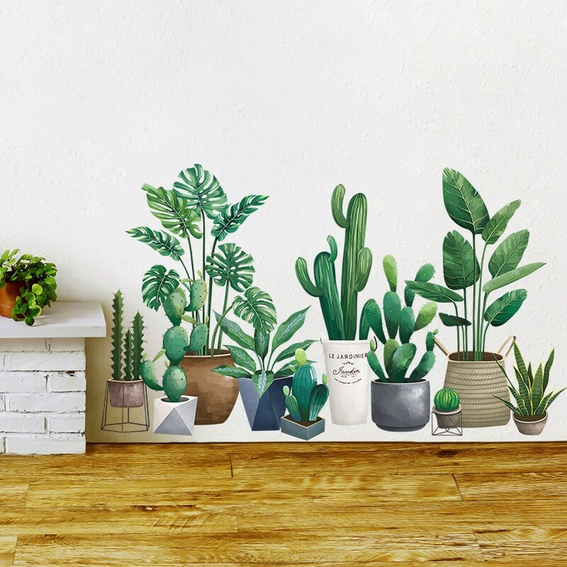 Green Leaves Wall Decal Tropical Wall Decals Cactus Plant Etsy