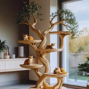 Handmade Gift Cat Rustic Solid Wood Cat Tree Stand Naturally Natural Wood Cat Stand for Large Cats, Modern Cat Furniture
