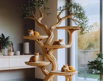 Handmade Gift Cat Rustic Solid Wood Cat Tree Stand Naturally Natural Wood Cat Stand for Large Cats, Modern Cat Furniture