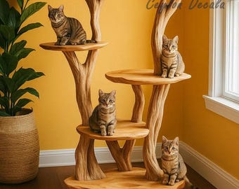 Handmade Rustic Solid Wood Cat Tree for Large Cats – Natural Modern Cat Stand, Cat Tower, Unique Cat Furniture Gift