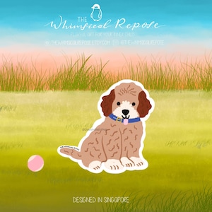 May include: A brown and white doodle puppy with a blue collar and a pink tongue sticking out sits on a green grassy field with a pink ball in the foreground. The text "The Whimsical Repose" is at the top of the image.
