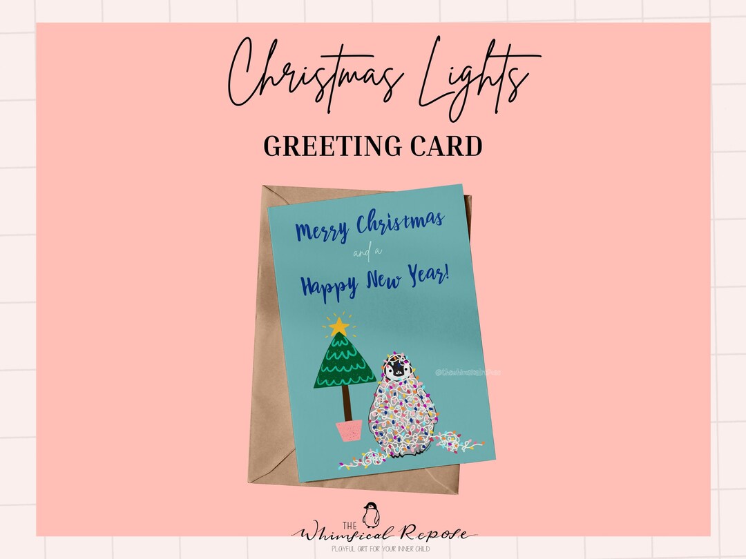 christmas-lights-card-penguin-christmas-card-greeting-cards-etsy
