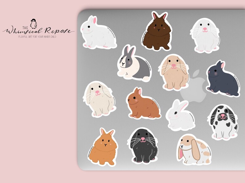 Pode incluir: Um conjunto de 12 adesivos de coelhos com diferentes ra&ccedil;as e cores. Os adesivos est&atilde;o em um laptop prateado. Os adesivos s&atilde;o perfeitos para adicionar um toque de fantasia ao seu laptop, garrafa de &aacute;gua ou planejador.