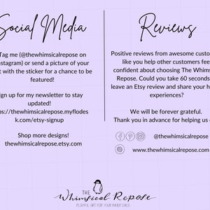 Pode incluir: Um gr&aacute;fico roxo e branco com o texto "Social Media" e "Reviews". O gr&aacute;fico inclui instru&ccedil;&otilde;es sobre como marcar a loja no Instagram, inscrever-se no boletim informativo e deixar uma avalia&ccedil;&atilde;o. O gr&aacute;fico tamb&eacute;m inclui o site e as al&ccedil;as de m&iacute;dia social da loja.