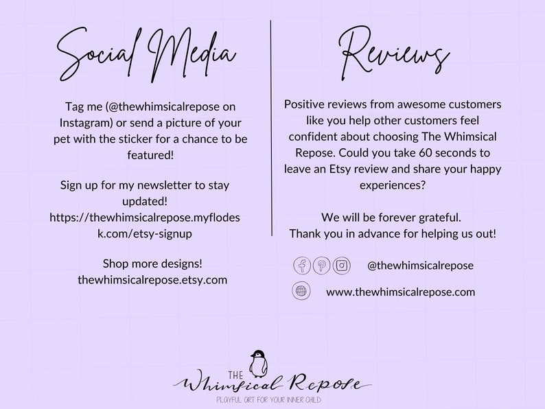 Pode incluir: Um gr&aacute;fico roxo e branco com o texto "Social Media" e "Reviews". O gr&aacute;fico inclui instru&ccedil;&otilde;es sobre como marcar a loja no Instagram, inscrever-se no boletim informativo e deixar uma avalia&ccedil;&atilde;o. O gr&aacute;fico tamb&eacute;m inclui o site e as al&ccedil;as de m&iacute;dia social da loja.