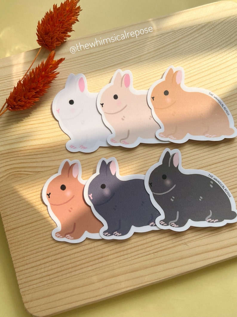 Pode incluir: Seis adesivos de coelhos de desenho animado ador&aacute;veis com diferentes cores de p&ecirc;lo, incluindo branco, castanho claro, laranja, cinzento e preto. Os adesivos est&atilde;o sobre uma superf&iacute;cie de madeira castanho claro. O texto "@thewhimsicalrepose" est&aacute; no canto superior direito da imagem.