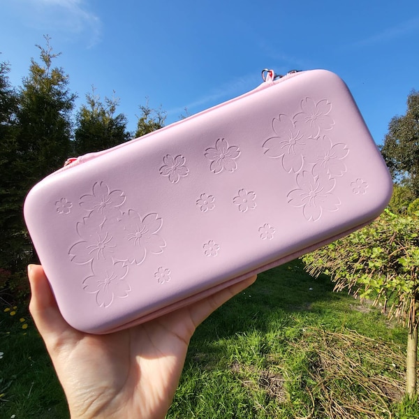 Pink Switch OLED Case with 4 FREE Sakura Flower Thumb Grip Caps - Nintendo Switch protective Case - Switch OLED Accessories - Travel case