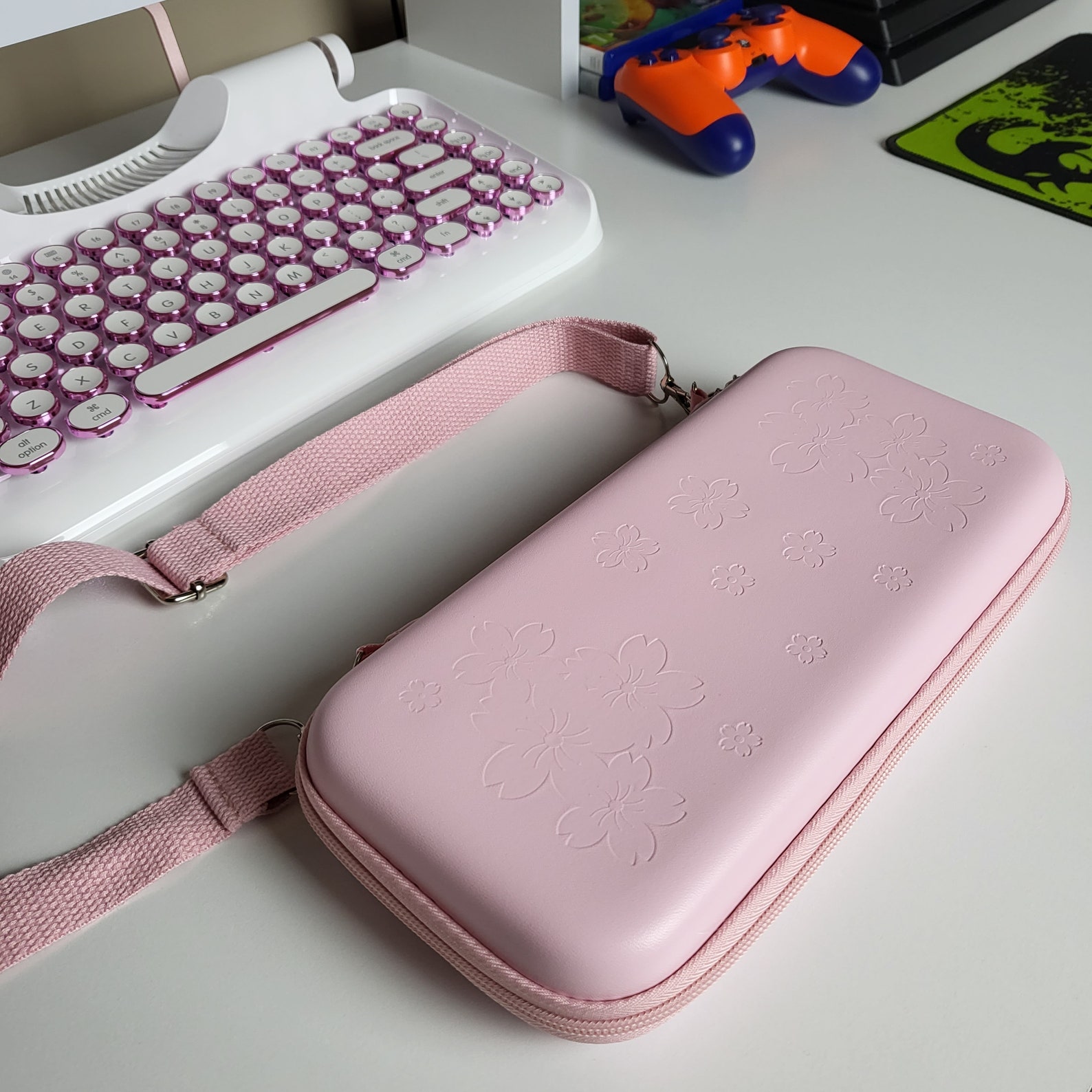 Pink Switch OLED Case With 4 FREE Sakura Flower Thumb Grip Caps ...