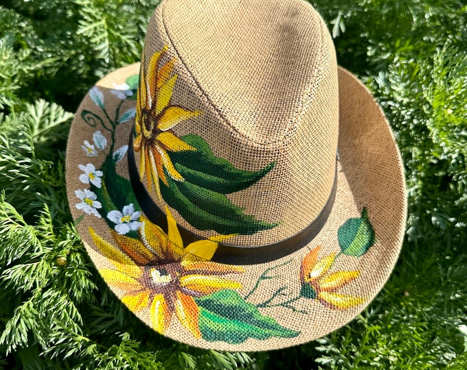 Gift Hat For Girlfriend-Painted Sunflower Hat, Straw Beach Hat, Straw Beach Hat Women, Hand Painted Hat,Unique Hats