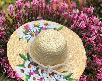 Hand Painted Flower Hat, Handmade Daisy Straw Hat, Straw Beach Hat, Straw Beach Hat Women, Hand Painted Hat.